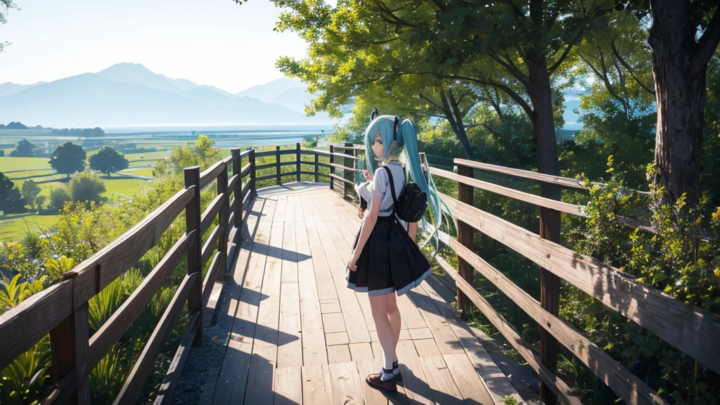 Hatsune Miku standing on a wooden bridge illuminated by the setting sun。She stared into the distance、I'm reminiscing on fond memories。Surrounded by a quiet lake、Her hair is blowing in the wind。This scene is、It has a calm and emotive atmosphere that connects the past and the present.。
