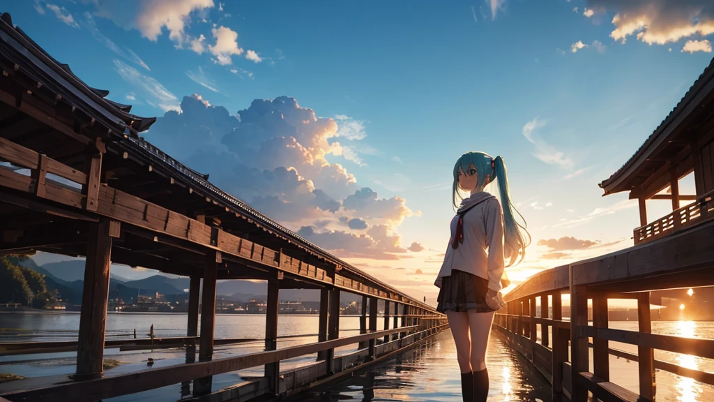 Hatsune Miku standing on a wooden bridge illuminated by the setting sun。She stared into the distance、I'm reminiscing on fond memories。Surrounded by a quiet lake、Her hair is blowing in the wind。This scene is、It has a calm and emotive atmosphere that connects the past and the present.。