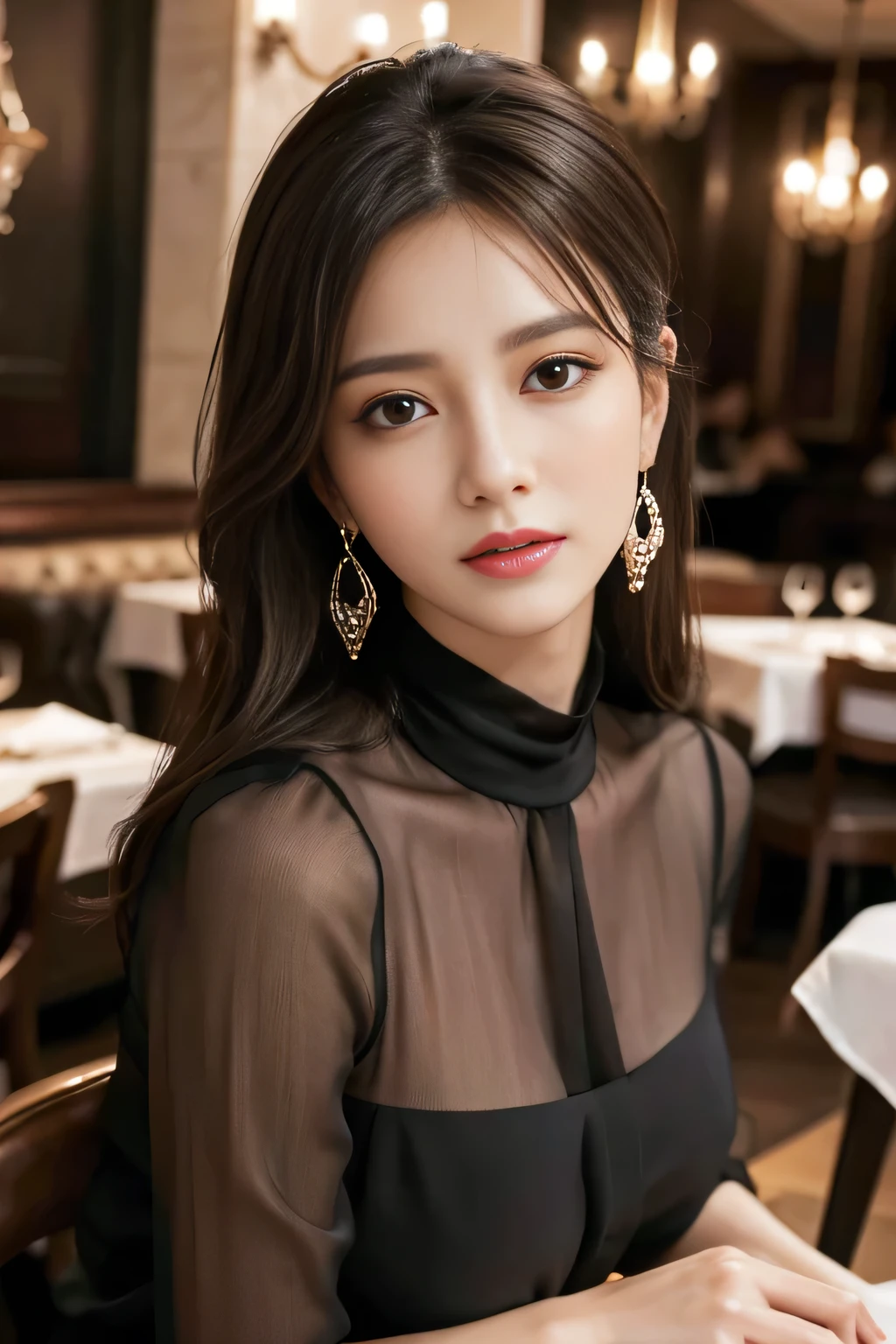 do, Highest quality, Realistic, Very detailed, Finer details, High resolution, 8k wallpaper, One beautiful woman,Wear an elegant black see-through blouse, In a great restaurant, At night, Light brown messy hair, Perfect dynamic composition, Beautiful and beautiful eyes、Big earrings、Sit on a chair、