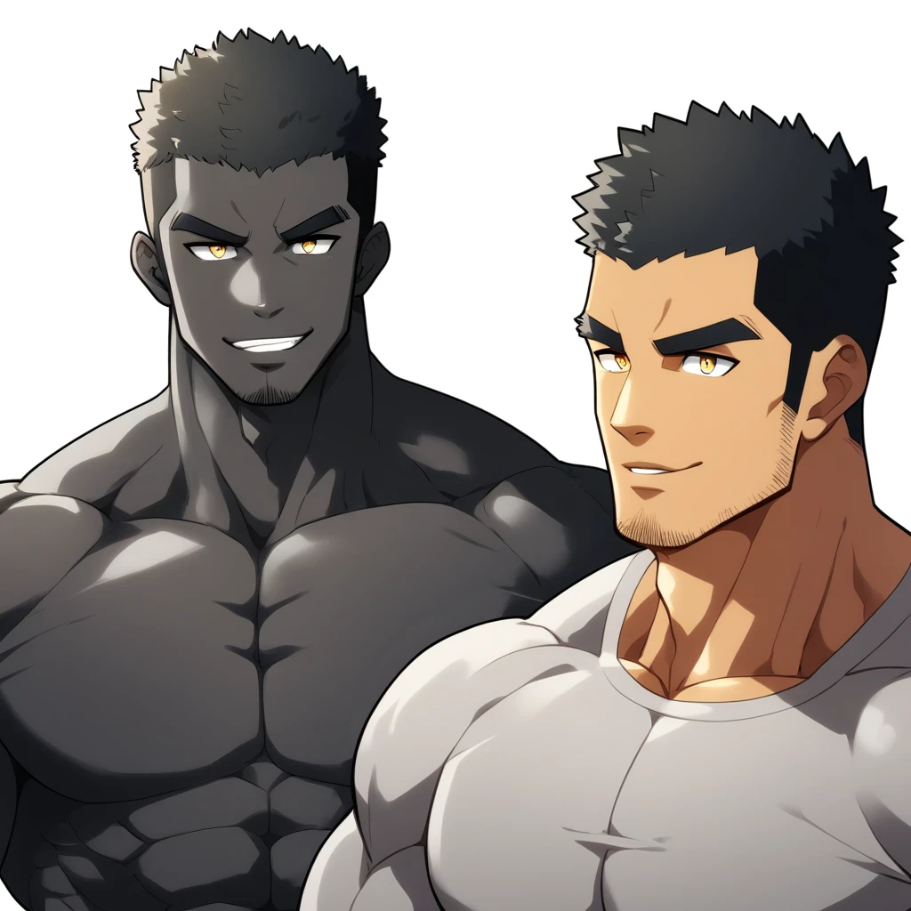 one negro, anime characters：Gyee, Muscle Sports Student, negro black skin, Very Black, 1 muscular tough guy, Manliness, male focus, Dark grey ong sleeve tights, Regular symmetrical pattern, Very tight, The pectoral muscles are oversized, muscular male, muscular, only, Upper body, alone, Black short hair, Thick eyebrows, stubble, Yellow eyes, White background, simple background, amazing quality, best aesthetics, Ridiculous, bright pupils, crew cut, parted lips, seductive smile, torogao, naughty face, best quality