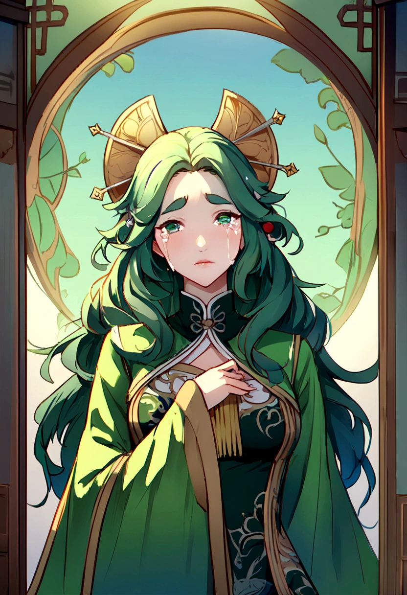 ((whole body)), samdoesarts style award winning whole body portrait of a beautiful woman, ((Perfect feminine face)),((Ancient Chinese Green Clothing)), ((Green Peking Opera Costume)), (Long sleeve) Gazebo, complicatedな, (Beautiful details in the eyes, Long eyebrows),((hairpin, Twisted Hair)),(sorrow), ((tears)), (sunlight), Shaded flat illustration, Digital Art, Trending on Art Station, Very detailed, The finer details, complicated, ArtJam、Rutkovsky、Art by Alphonse Mucha,