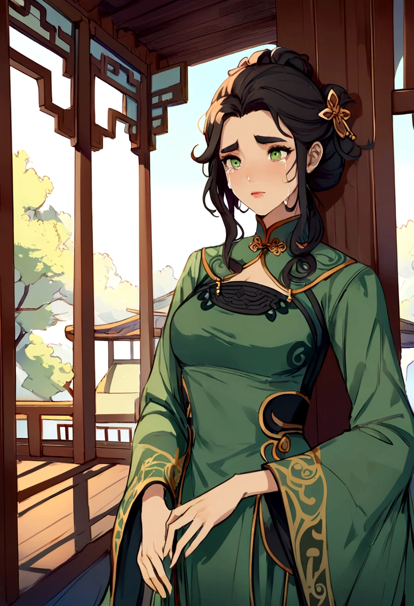 ((whole body)), samdoesarts style award winning whole body portrait of a beautiful woman, ((Perfect feminine face)),((Ancient Chinese Green Clothing)), ((Green Peking Opera Costume)), (Long sleeve) Gazebo, complicatedな, (Beautiful details in the eyes, Long eyebrows),((hairpin, Twisted Hair)),(sorrow), ((tears)), (sunlight), Shaded flat illustration, Digital Art, Trending on Art Station, Very detailed, The finer details, complicated, ArtJam、Rutkovsky、Art by Alphonse Mucha,