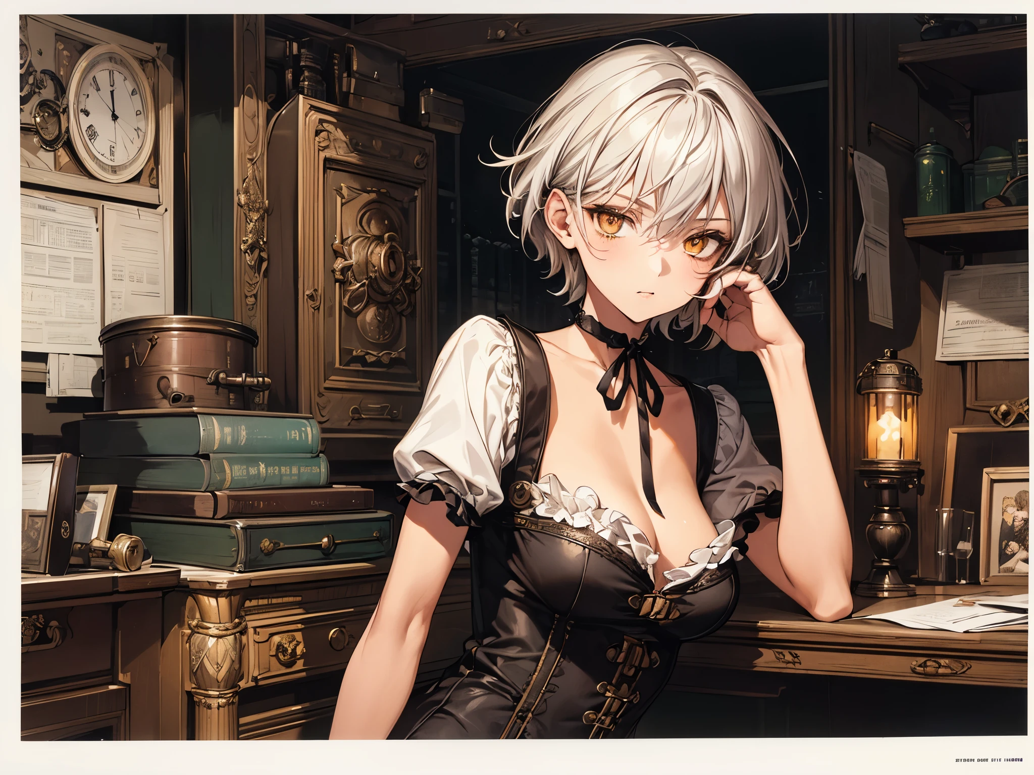 masterpiece, Highest quality, Perfect Face, Highest Resolution, Highest quality,Detailed depiction of the eyes, 1 girl, young, slender body, Short, deep tan skin, slate gray hair, short hair, upturned eyes, Yellow Orange eyes, Perfect Anatomy, steampunk, ribbon choker, Work clothes, Workshop