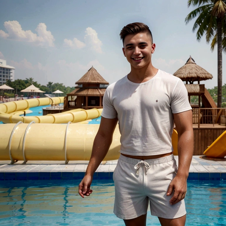 A young, UKRAINIAN man smiling, tanned skin, brown eyes, haircut styles. In a white t-shirt and beach shorts, strong man's hands. in a water park inside the pool, in the background water park (Best quality, 4k, 8k, high resolution, masterpiece: 1.2), super detailed