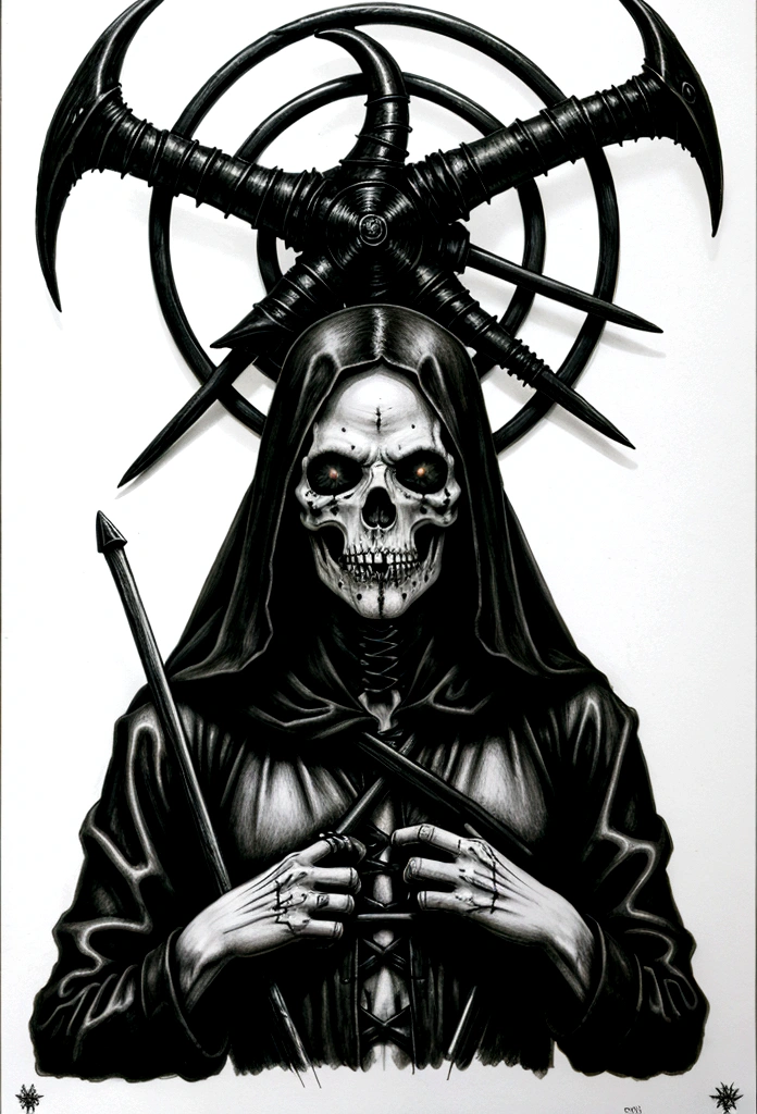 black and white drawing of a grimy grimy character holding a scythe, scythe design, mark riddick, just art for dark metal music, black metal band logo, grim reaper, scythe, detailed cover artwork, reaper, black metal logos, grim, the grim reaper, vvitch, eerie and grim art style, the harbringer of death