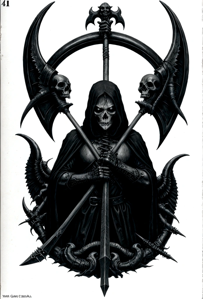 black and white drawing of a grimy grimy character holding a scythe, scythe design, mark riddick, just art for dark metal music, black metal band logo, grim reaper, scythe, detailed cover artwork, reaper, black metal logos, grim, the grim reaper, vvitch, eerie and grim art style, the harbringer of death