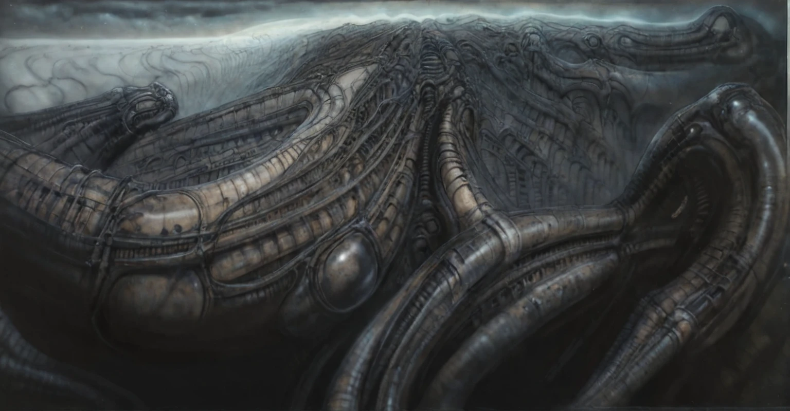 Create biomechanical tableau with some of the artistic techniques and compositional features used in /&quot;Necron IV/” by h r (Hans Rudie) giger:
 The image depicts a complex, sprawling city made of dark ivory, metal and wires. The city is densely packed with loops and twists, resembling a massive, intricate machine.
The painting is composed around a central focus of bone-like celestial formations and tectonic weathering structures with a phallic spine. This central form is the most detailed and brightly lit part of the painting, and it draws the viewer's eye in.The central focus is emphasized by the use of light and shadow. The light source is coming from the top left of the painting, and it casts a bright spotlight on the scene.
Biomorphic forms: The biomechanical forms in the painting are inspired by biological organisms, but they are also machine-like. These forms create a sense of unease and discomfort, as they blur the line between the natural and the artificial
. The image is highly detailed and intricate, uses, with transparent organs and bones exposed). The piece has a thick mechano-organic texture and is covered in fine details. The image has a swirling, organic quality to it. The artistic manner would be unmistakably Gigeresque. A dark and unsettling beauty would permeate the piece, blurring the lines between fascination and repulsion , forever haunted by the grotesque allure. Giger's signature artistic manner would be evident in every stroke. The airbrush would be wielded with masterful precision to create a hyperrealistic yet nightmarish aesthetic.,hrgiger,H.G. Giger Style, Biomechanics,HRGigerArhP style