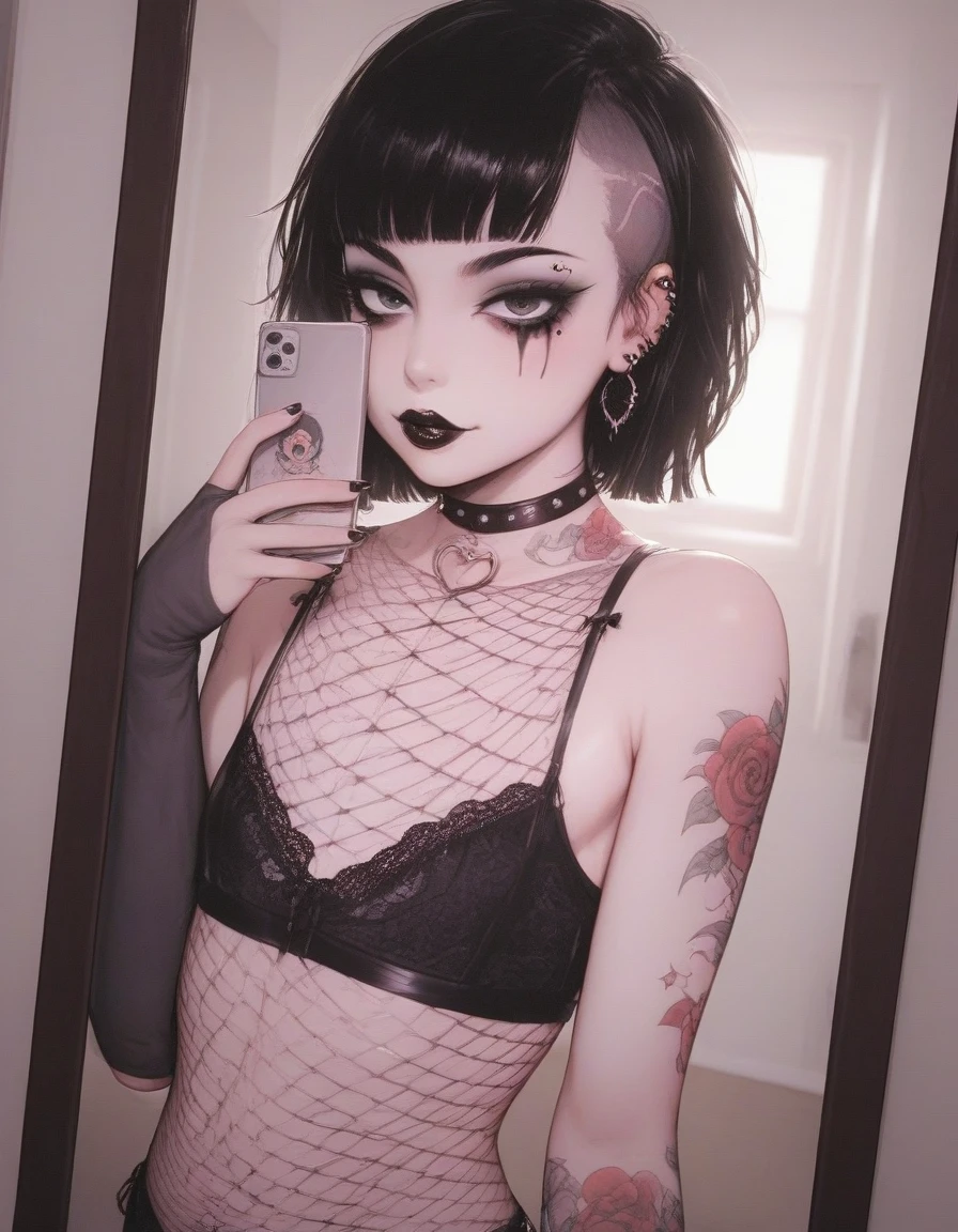 Sexy girl, emo, confused, slutty outfit, Sexy lingerie, gives a blowjob, On knees, First-person view, the man is not visible, sperm on lips and tongue