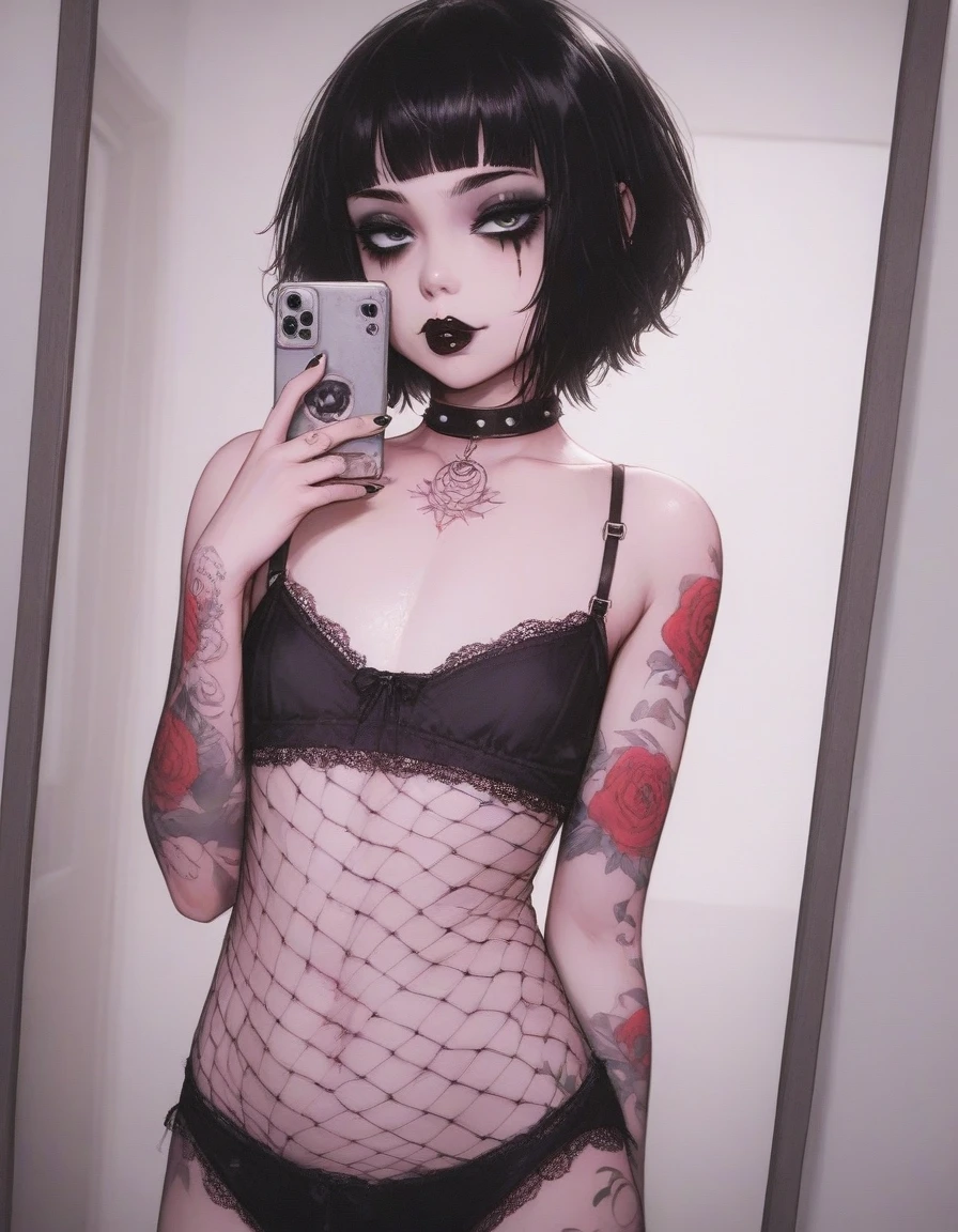 zPDXL, zPDXLrl, zPDXLxxx, a beautiful femboy, pale skin, 21 year old, american femboy standing in her messy bedroom, taking a mirror selfie, wearing eyeliner, flat chest, tattoos, colorized, instagram, goth makeup, trad goth makeup, black lipstick, eye liner, mascara, masterpiece,goth lace lingerie, fishnet stocking, tiny cock,