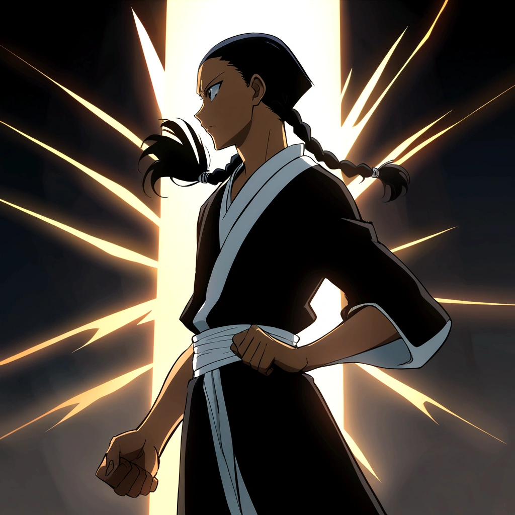 young black character, young male, anime. bleach anime style, black shiry, , hero pose, long black braids with cornrows