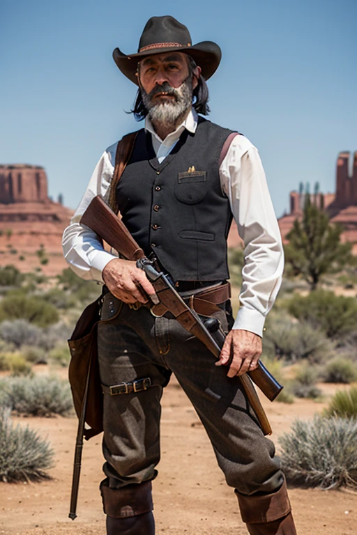 (8k, Highest quality, Tabletop:1.2)、Ultra-high resolution, Detailed face, One Man, 55 years old、Black Hair、beard、short hair、cowboy、Ten-gallon hat、Waistcoat、boots、Gun on hip、wilderness、Cactus、western drama、Hold the rifle