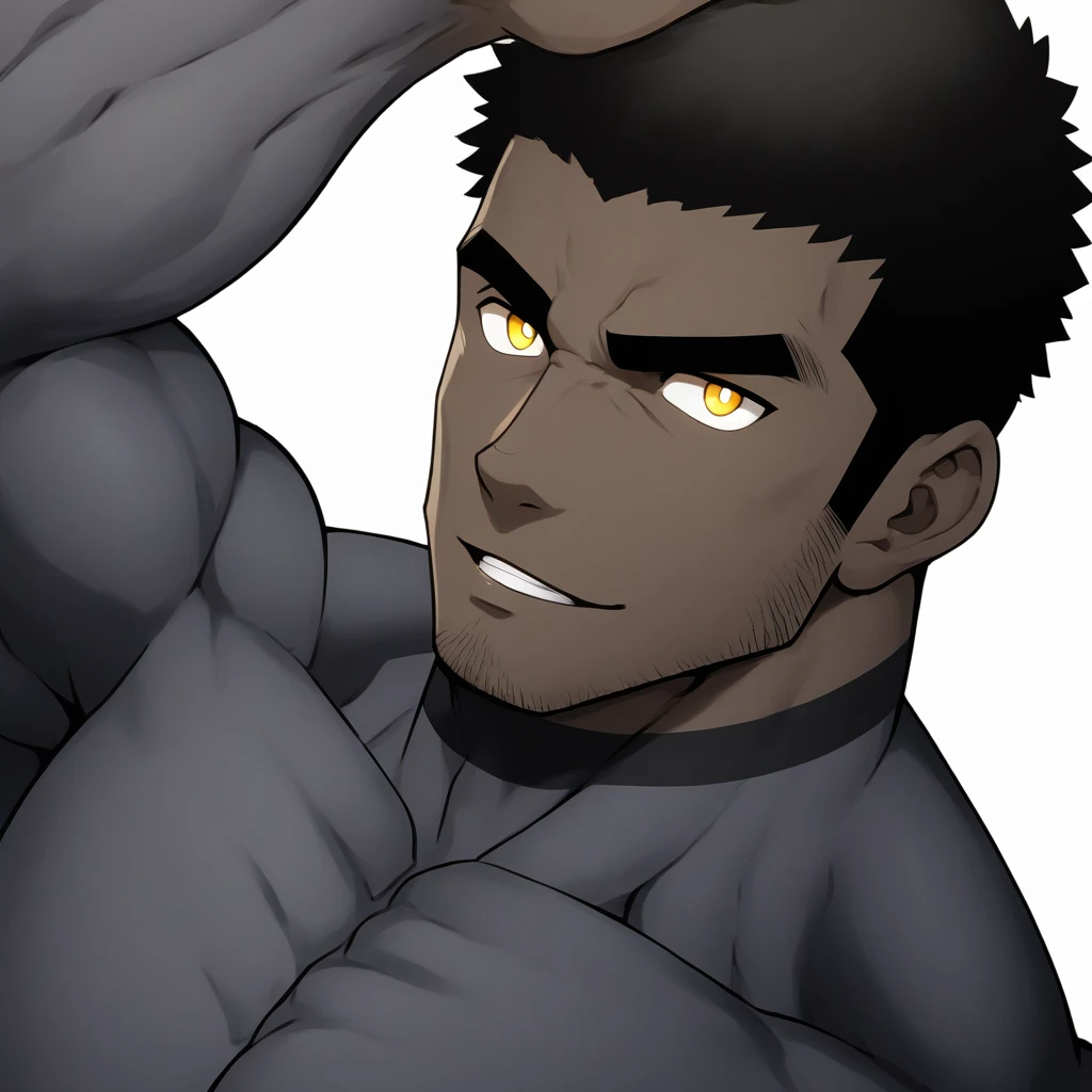 one negro, anime characters:Gyee, Muscle Sports Student, negro black skin, Very Black, 1 muscular tough guy, Manliness, male focus, Dark grey ong sleeve tights, Regular symmetrical pattern, Very tight, The pectoral muscles are oversized, muscular male, muscular, only, Upper body, alone, Black short hair, Thick eyebrows, stubble, Yellow eyes, White background, simple background, amazing quality, best aesthetics, Ridiculous, bright pupils, crew cut, parted lips, seductive smile, torogao, naughty face, best quality
