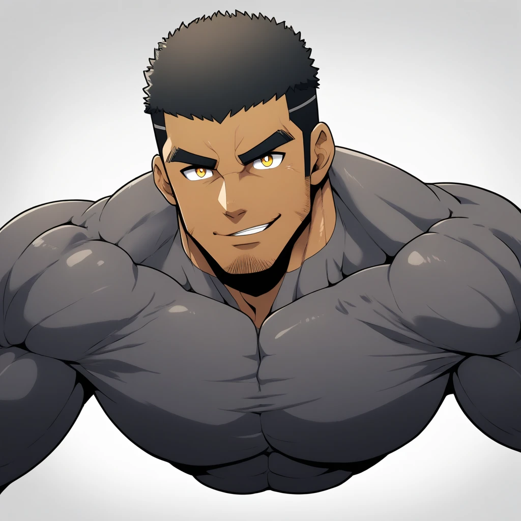 one negro, anime characters：Gyee, Muscle Sports Student, negro black skin, Very Black, 1 muscular tough guy, Manliness, male focus, Dark grey ong sleeve tights, Regular symmetrical pattern, Very tight, The pectoral muscles are oversized, muscular male, muscular, only, Upper body, alone, Black short hair, Thick eyebrows, stubble, Yellow eyes, White background, simple background, amazing quality, best aesthetics, Ridiculous, bright pupils, crew cut, parted lips, seductive smile, torogao, naughty face, best quality