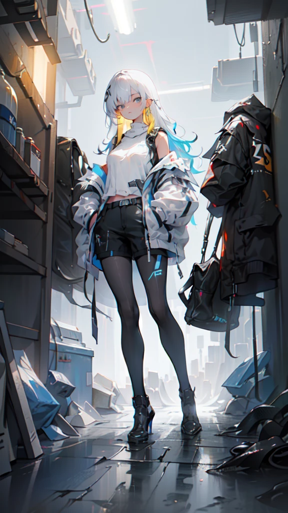 1 girl, long Yellow hair , cyberpunk, blue eyes, high heels, hand in pocket, best quality, 4k, 8k, highres, masterpiece:1.2, ultra-detailed, realistic, photorealistic, photo-realistic:1.37, HDR, UHD, studio lighting, ultra-fine painting, sharp focus, physically-based rendering, extreme detail description, professional, vivid colors, bokeh, cyberpunk, science fiction, neon lights, dark atmosphere, dramatic lighting
