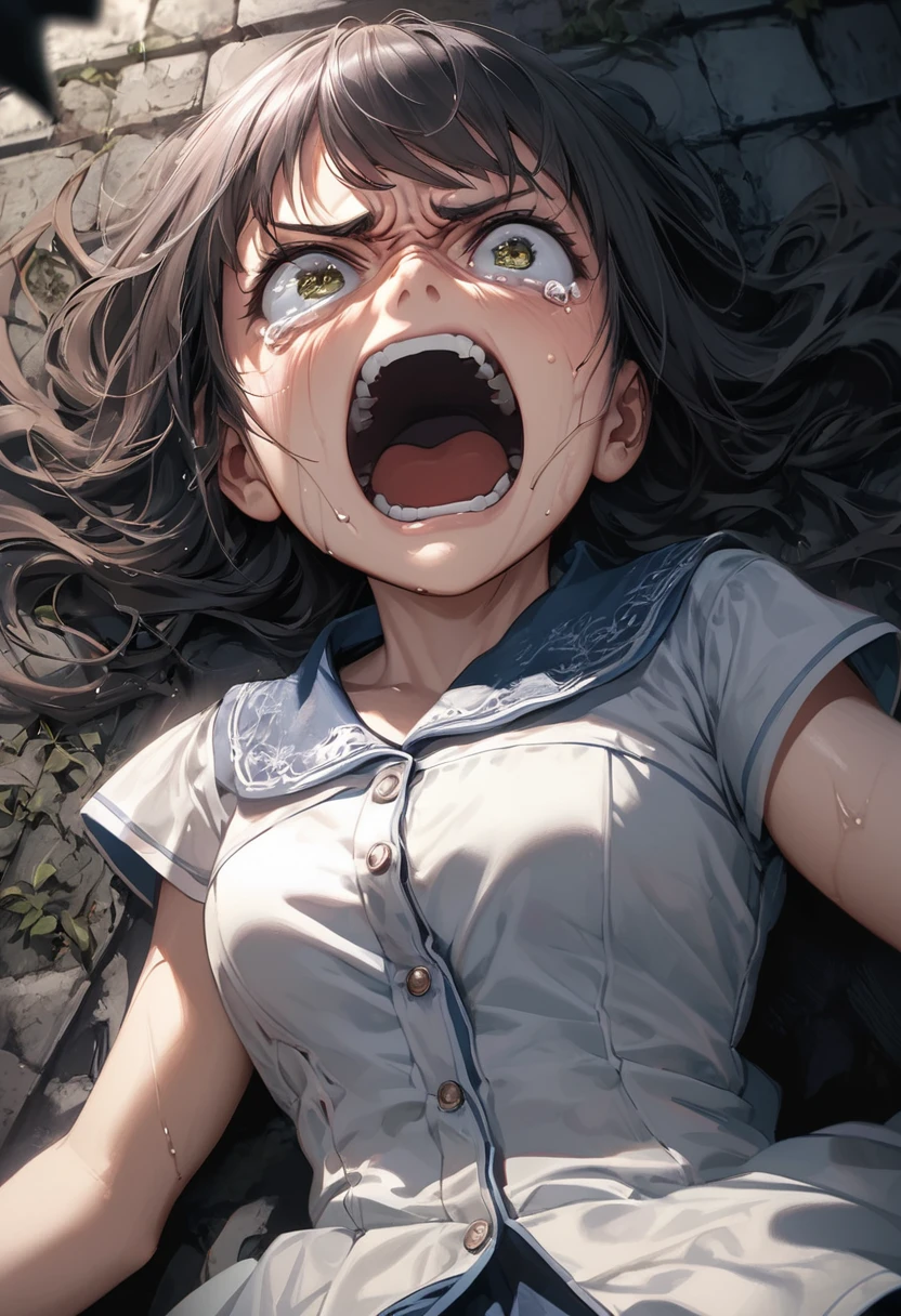 Horror, Suspense, A look of disgust, Glaring at the audience,
Woman lying face down, limp body, General Weaknesses,
Open your mouth, Tears flowing from my mouth, Expressions of joy, A look of disgust,
Spread your legs, Sweaty, Blake Look Up, A look of disgust,
Cemetery at night, Extreme heat,
BREAK A dark background that makes the subject stand out,
Female Dominance, Contemptuous Eyes, A look of disgust,
Dynamic Wide Shot, (Upper body shot from above:1.3),
BREAK Ultra-realism, Detailed and realistic skin texture, Fine and exquisite texture, Detailed and exquisite brushwork, Detailed and vivid depiction, Anatomically correct, Absurd aesthetics,
Blake Dramatic Film Lighting,
Transparent full color,
BREAK Redrawing the work into a vivid and lively piece, Highest qualityのレンダリング, Highest quality, Highest Resolution,
