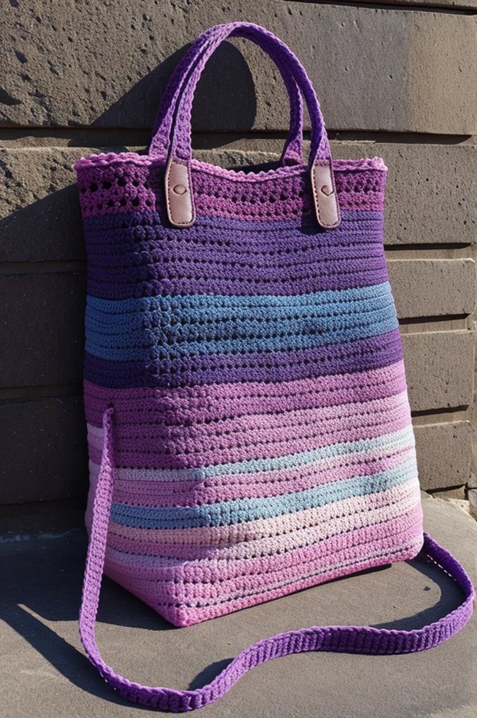bolso crochet, with purple blue skin brown and pink colors