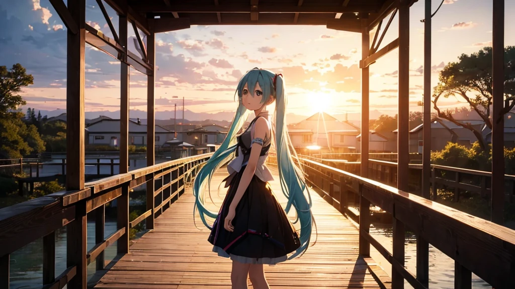 Hatsune Miku standing on a wooden bridge illuminated by the setting sun。She stared into the distance、I'm reminiscing on fond memories。Surrounded by a quiet lake、Her hair is blowing in the wind。This scene is、It has a calm and emotive atmosphere that connects the past and the present.。
