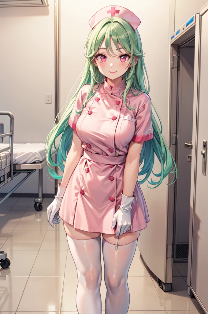 1woman, solo, nurse, white nurse cap, white nurse uniform, ((white legwear, zettai ryouiki)), white gloves, forehead, long hair, green hair, pink eyes, pink lips, smile, standing, ((hospital room)), sharp outline, short sleeves, mature female, 35 years old, best quality, masterpiece