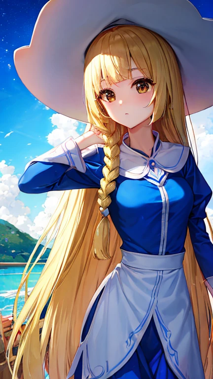 masterpiece, Highest quality, High resolution,Follow the prompts、Anime Style、One Girl、Lady、Long blonde、Pale brown eyes、Put your bangs in thin braids、白色のLadyドレス、Wide-brimmed hat