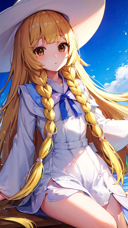 masterpiece, Highest quality, High resolution，Follow the prompts、Anime Style、One Girl、Lady、Long blonde、Pale brown eyes、Put your bangs in thin braids、白色のLadyドレス、Wide-brimmed hat