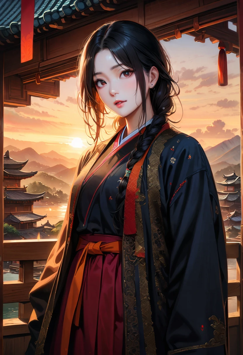 masterpiece, best quality, extremely detailed CG unity 8k wallpaper, (ultra detailed), (ultra realistic), RAW photo, photorealistic, 8k, high res, extremely detailed face, sharp focus, intricate details, absurdres, sun, cloud, wind, nature, east asian architecture, beautiful detailed sky, 1girl, (korean clothes, long sleeve, hanbok), black hair, low braid hair, parted bangs, (pale skin:1.2), black gradient eyes, glowing black eyes,