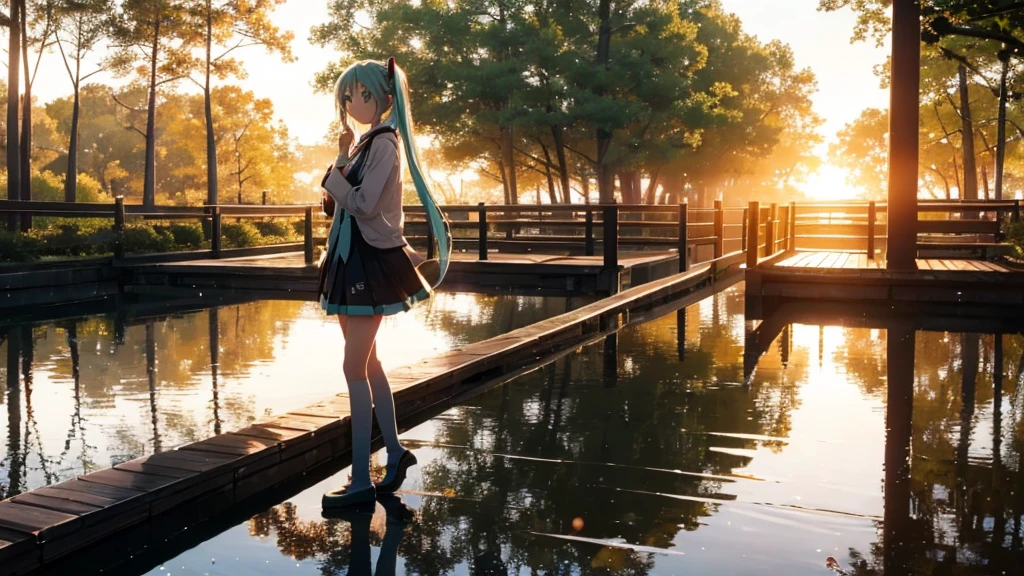 Hatsune Miku standing on a wooden bridge illuminated by the setting sun。She stared into the distance、I'm reminiscing on fond memories。Surrounded by a quiet lake、Her hair is blowing in the wind。This scene is、It has a calm and emotive atmosphere that connects the past and the present.。