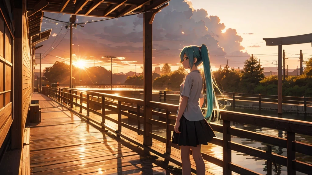 Hatsune Miku standing on a wooden bridge illuminated by the setting sun。She stared into the distance、I'm reminiscing on fond memories。Surrounded by a quiet lake、Her hair is blowing in the wind。This scene is、It has a calm and emotive atmosphere that connects the past and the present.。