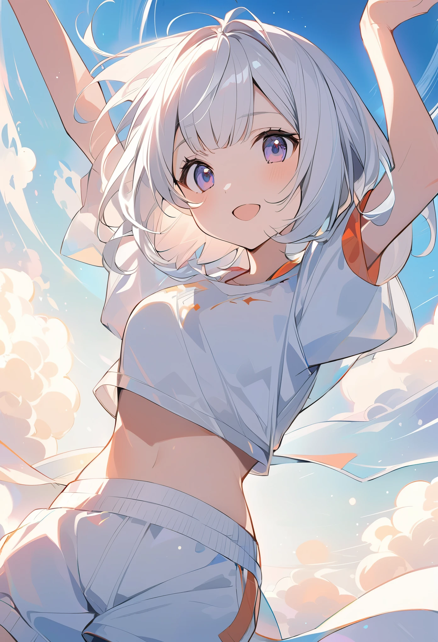 White hair bob cut girl,Anime for Girls, White short sweatpants, Cat耳, praise, quiet, quiet雰囲気, That&#39;s horrible, Gazing at the desert sky, night, quietnight, Cat, masterpiece, Highest quality
