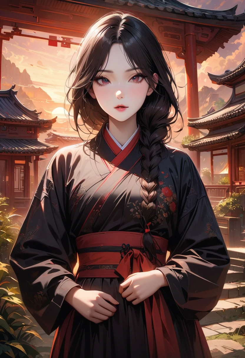 masterpiece, best quality, extremely detailed CG unity 8k wallpaper, (ultra detailed), (ultra realistic), RAW photo, photorealistic, 8k, high res, extremely detailed face, sharp focus, intricate details, absurdres, sun, cloud, wind, nature, east asian architecture, beautiful detailed sky, 1girl, (korean clothes, long sleeve, hanbok), black hair, low braid hair, parted bangs, (pale skin:1.2), black gradient eyes, glowing black eyes,