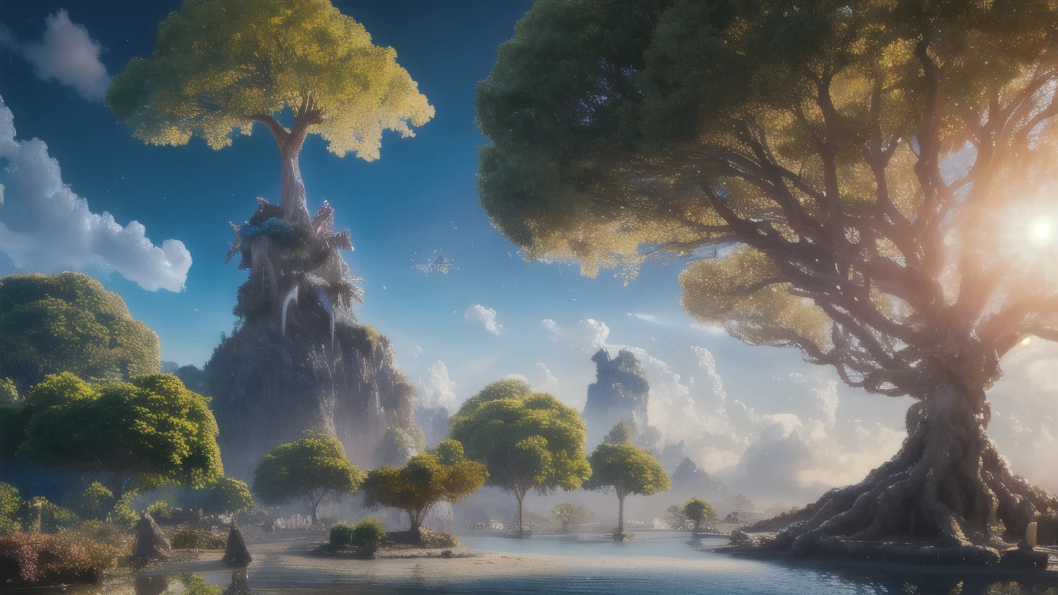 masterpiece, best quality, high quality, extremely detailed CG unity 8k wallpaper, a hyperrealistic colossal cyan raintree, in a futuristic prehistoric village, splashing water, sandy debris, lens flares, sunshaft, fluffy clouds, Hyperdetailed, HDR, bloom, Photorealistic, hyperdetailed