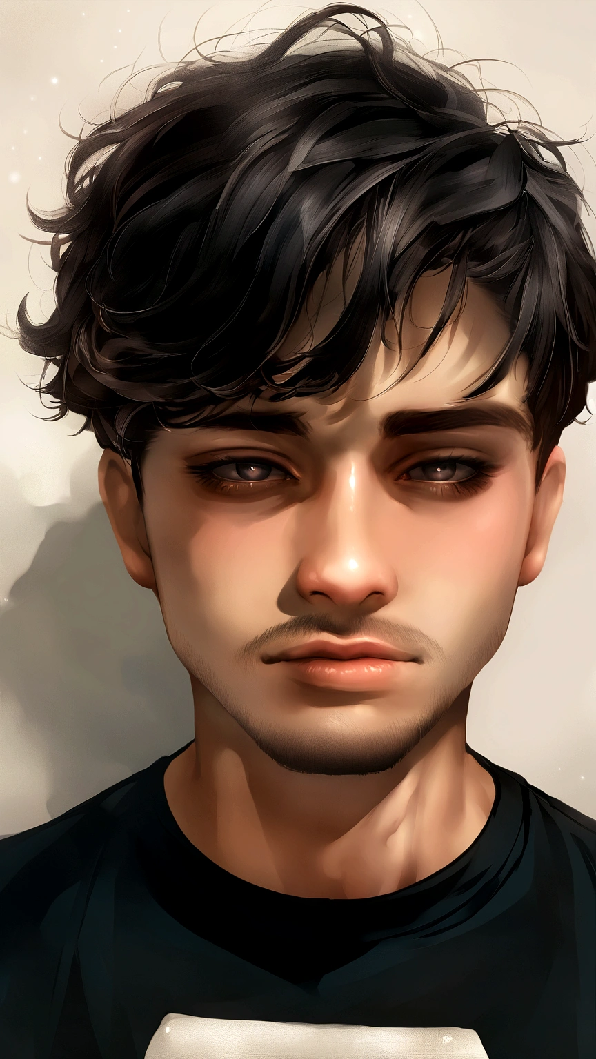 Imagine um homem jovem de 20 anos, de 1,70,olhos castanhos escuro, cabelo Preto, corte mid par