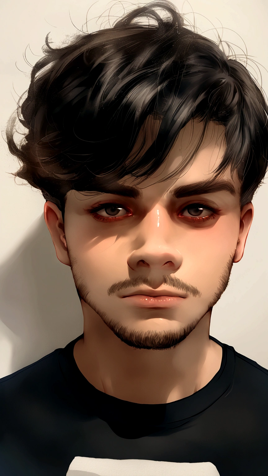 Imagine um homem jovem de 20 anos, de 1,70,olhos castanhos escuro, cabelo Preto, corte mid par