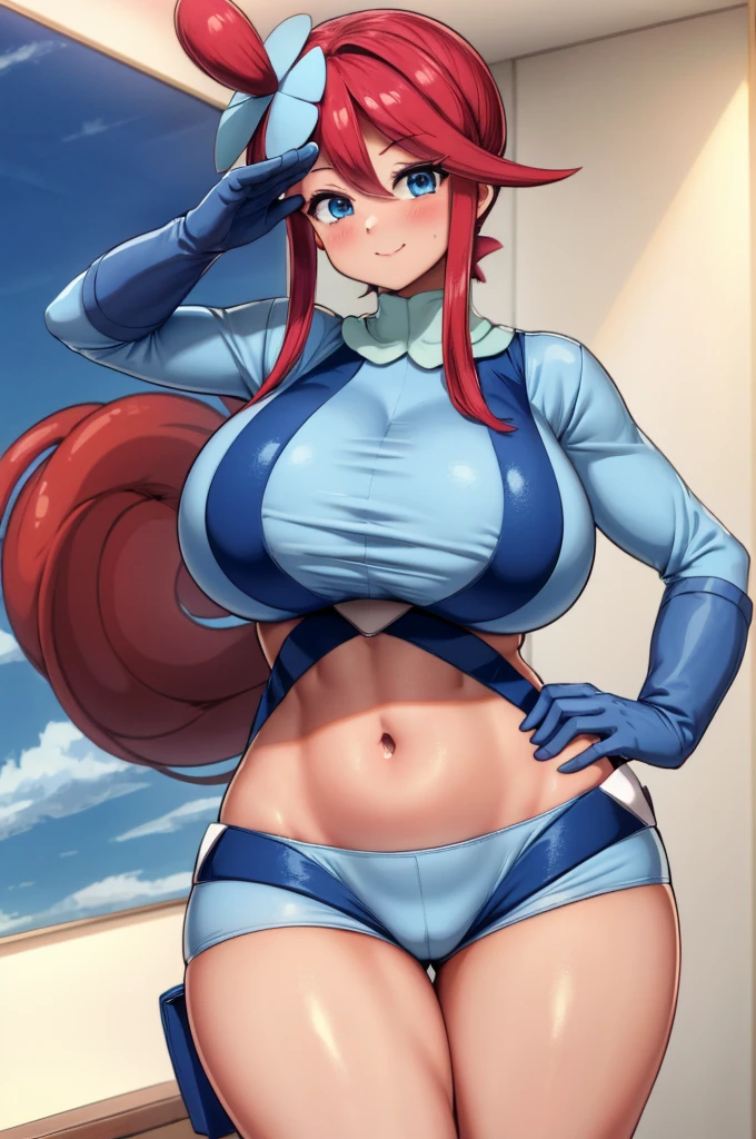 (masterpiece, Highest quality:1.2) Scylla, Pokemon, One girl, alone, View your viewers, smile, Redhead, (Sunburn:1.1), Side Lock, hair ornaments, blush, blue eyes, Large Breasts, belly button, Wide Hips, Thick thighs, abdomen, Crop top, Short shorts, turtleneck, Blue shorts, Blue gloves, salute, blue sky, cloud