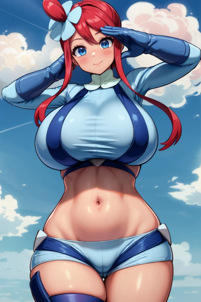 (masterpiece, Highest quality:1.2) Scylla, Pokemon, One girl, alone, View your viewers, smile, Redhead, (Sunburn:1.1), Side Lock, hair ornaments, blush, blue eyes, Large Breasts, belly button,  Wide Hips, Thick thighs, abdomen, Crop top, Short shorts, turtleneck, Blue shorts, Blue gloves, salute, blue sky, cloud 