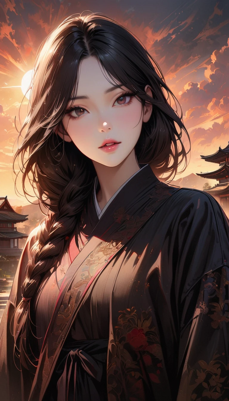 masterpiece, best quality, extremely detailed CG unity 8k wallpaper, (ultra detailed), (ultra realistic), RAW photo, photorealistic, 8k, high res, extremely detailed face, sharp focus, intricate details, absurdres, sun, cloud, wind, nature, east asian architecture, beautiful detailed sky, 1girl, (korean clothes, long sleeve, hanbok), black hair, low braid hair, parted bangs, (pale skin:1.2), black gradient eyes, glowing black eyes,
