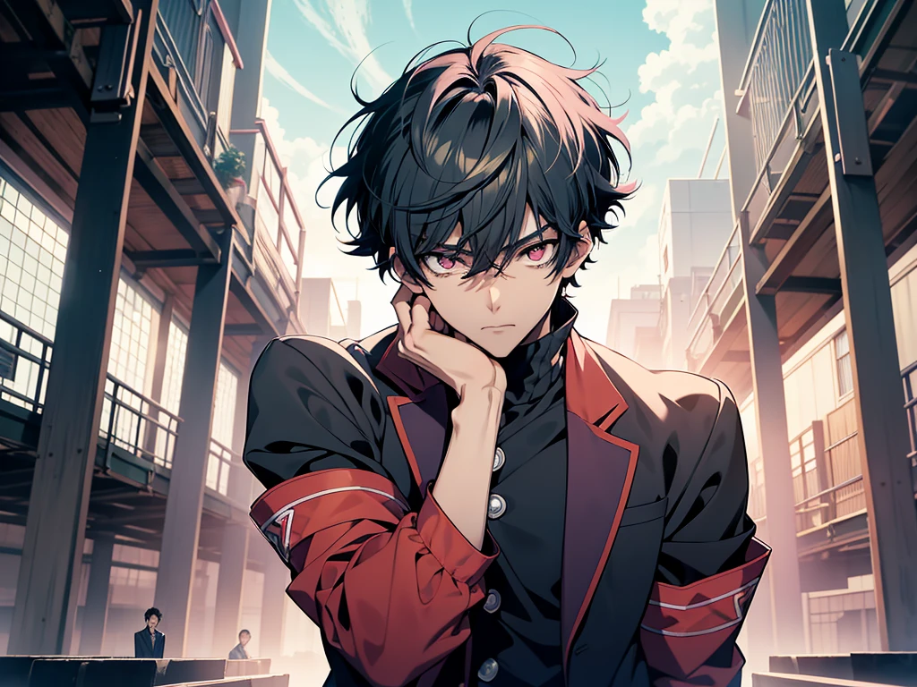 a boy , Face Focus, Single character, Tall anime man,With deep pink eyes, Cool anime poses, Anime Illustrations, Kentaro Miura style, Kentaro Miura's artistic style, Young anime man, Inspired by Okumura Tougyu, He was nearby, Anime handsome man, Looking at the audience, high resolution, Super sharp, 8K, masterpiece