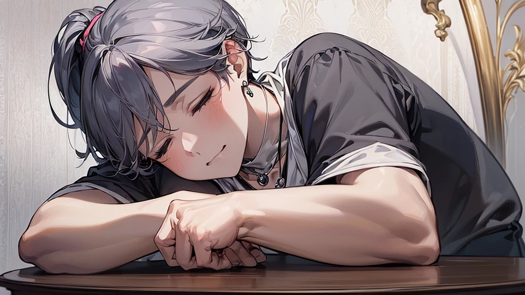 ((((best masterpiece, best quality, wallpaper,)))) solo, guy, male body, small muscles, flat chest, 1male, 30 years old, handsome man, from below, upper body, looking at viewers, hands up, elbows on table, face palm, beautiful detailed, longuette,mediumturquoise hair, ((((Lower short ponytail)))), asymmetrical bangs, short hair,((((closed eyes, ^o^, tareme, droopy eyes,)))) perfect face, sharp nose, seductive smile, clear face, black turtleneck, grey cardigan, ((silver earrings, silver necklace,)) leggings, lighting back, backlighting, pink background color ultrasharp, 8K, masterpiece