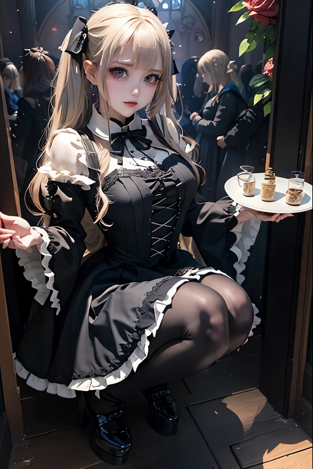 Hard Dark Gothic Makeup、Black dark eyeshadow、sad、Good skin radiance、Dark Gothicメイク、Dark smile、palace、The beauty of fragrance、24-years-old、Expression of intense sexual pleasure、Embarrassed look、Dark Gothic、Highest quality、Expression of sexual pleasure amid suffering、Drunk face、紫のMaid clothes、Mysterious、Noble、The face of someone holding it in the toilet、sexy、Loving smile、Twin tail hair、Right blue eye, Left eye is red、Super tempting pose、Platform Heel Shoes、Heavy makeup、Gothic Lolita clothes、Silver Hair、Long Hair Straight Hair、Cute Gothic Lolita Dress、Beautiful Face、elegant features、Attractive face、Stained glass is the background、Chest glistening with sweat、The room is dark、goth long dress、Bell Sleeves、Wizard Sleeve、Decadent look、Sexually excited expression、Glossy thighs wet with water、Thighs that are wet and shiny with oil、Background of a room full of roses、sad expression、Rose Maiden、The embroidery is pink、The dress has pink embroidery.、Thigh-high socks、Knee-high socks、Gentle expression、Dark black eyeshadow、Stained glass and rose background、thighs are a little thin、Female Duo、Female couple、dark church background、Stained glass、Black metal world、Dark Castle、Dark Room、Slender body、gothic long dress、Victorian dress、Her thighs are shining with sweat、My body is wet and shiny、Lots of glitter on the thighs、sweating、My thighs are sticky from sweating、Sweat glistening on my thighs, The whole body is sweaty and shiny、I sweated a lot.、My thighs are sweaty、My thighs are wet、My thighs are shining with sweat、A lot of sweat glistening all over the body、Small breasts、upright、Are standing、Hold the wine in your right hand、Hold the lantern in your left hand、pantyhose、Dynamic Angle、