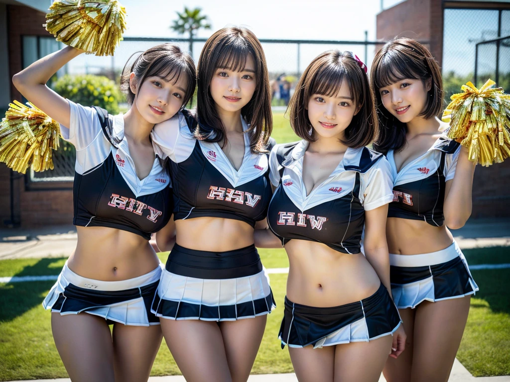 (RAW photo, 4k, masterpiece, high resolution, extremely complex) (realistic: 1.4), cinematic lighting
((2 girls, 2 schoolgirls)),blushing,((innocent)),bright eyes,round eyes,blunt bangs,(short bob hair:1.3),black hair,large breasts,wide hips,Summer Noon, ,Hot, (Best Quality), (Highres), (an Extremely Delicate and Beautiful),(Beautiful 8k face),(Brown eyes),( spectators),(gigantic breasts),(Play with each other,Touching each other's bodies,Touching the body),(cheer girl:1.5),(a miniskirt),(reality),bright lighting,(The background is a luxury hotel room)