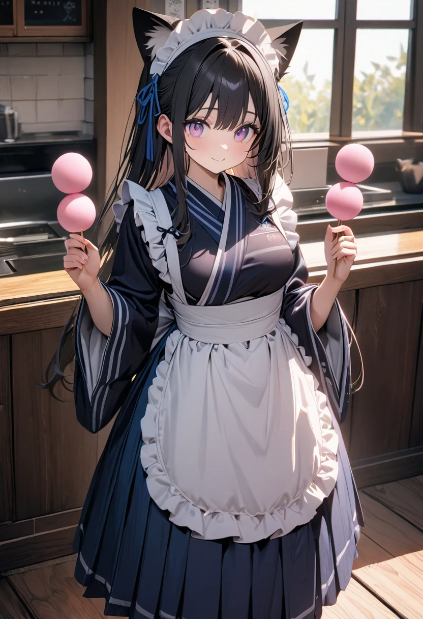 (8K, best quality, master piece: 1.2), super high resolution,1 beautiful girl,ultra-detailed face,cute eyes,(holding a Transparent pink skewered mochi balls,Each mochi ball is perfectly round),standing,Maid outfit dress, cat ear catsuit,head dress,pink eyes, black hair, long hair,medium breasts,white apron, Navy Blue hakama skirt,wa maid,kimono,wide sleeves,frilled apron,lace trim,Navy Blue ribbon accents,smile,wooden floor ,Rim Light,indoors Japanese cafe