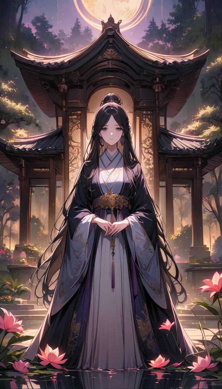 Empress Jiuyou is a stunning and majestic figure with long, flowing black hair that shimmers with a mystical glow. Her deep violet eyes are filled with wisdom and a touch of sadness. Her flawless, pale skin gives her an almost ethereal appearance. She is dressed in an elegant, modest Hanfu, featuring wide sleeves, a high collar, and layers of delicate, pastel-colored fabrics adorned with intricate patterns and sparkling gemstones. The Hanfu should cover her completely while accentuating her slender, regal figure,Set the scene in a beautiful imperial garden under the moonlight. The garden is filled with blooming flowers, ancient trees, and a tranquil pond with lily pads. Stone pathways meander through the lush greenery, leading to a traditional pavilion with ornate wooden carvings. The moon casts a soft, silvery light over the garden, creating a serene and enchanting atmosphere. Empress Jiuyou stands gracefully near the pavilion, her elegant Hanfu flowing gently in the night breeze. The overall scene should exude a sense of peace and natural beauty, highlighting her divine and regal presence against the picturesque backdrop of the imperial garden.
