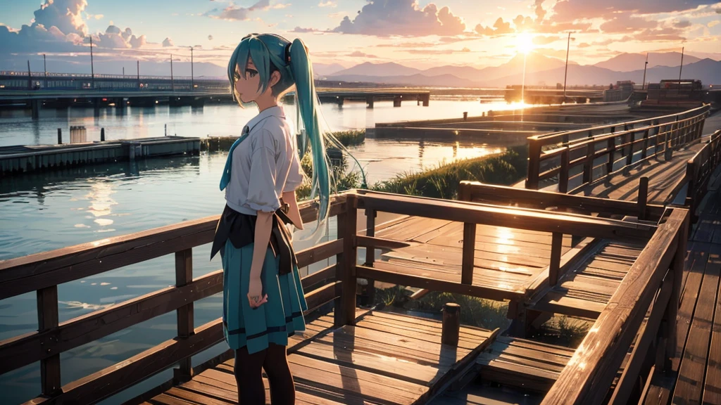 Hatsune Miku standing on a wooden bridge illuminated by the setting sun。She stared into the distance、I'm reminiscing on fond memories。Surrounded by a quiet lake、Her hair is blowing in the wind。This scene is、It has a calm and emotive atmosphere that connects the past and the present.。