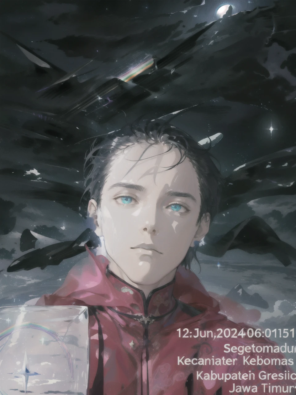 masterpiece, best quality, 1 male, adult, mature, tall muscular guy, Dark theme, Magic circle, bubble, rainbow Sunlight, Underwater, Reflected mirror, floating piece of Glass, Rainbow light, Bubble Swirling, wind Swirling, Aurora, fantasy scenery, Starlight around the character, (upper body)
