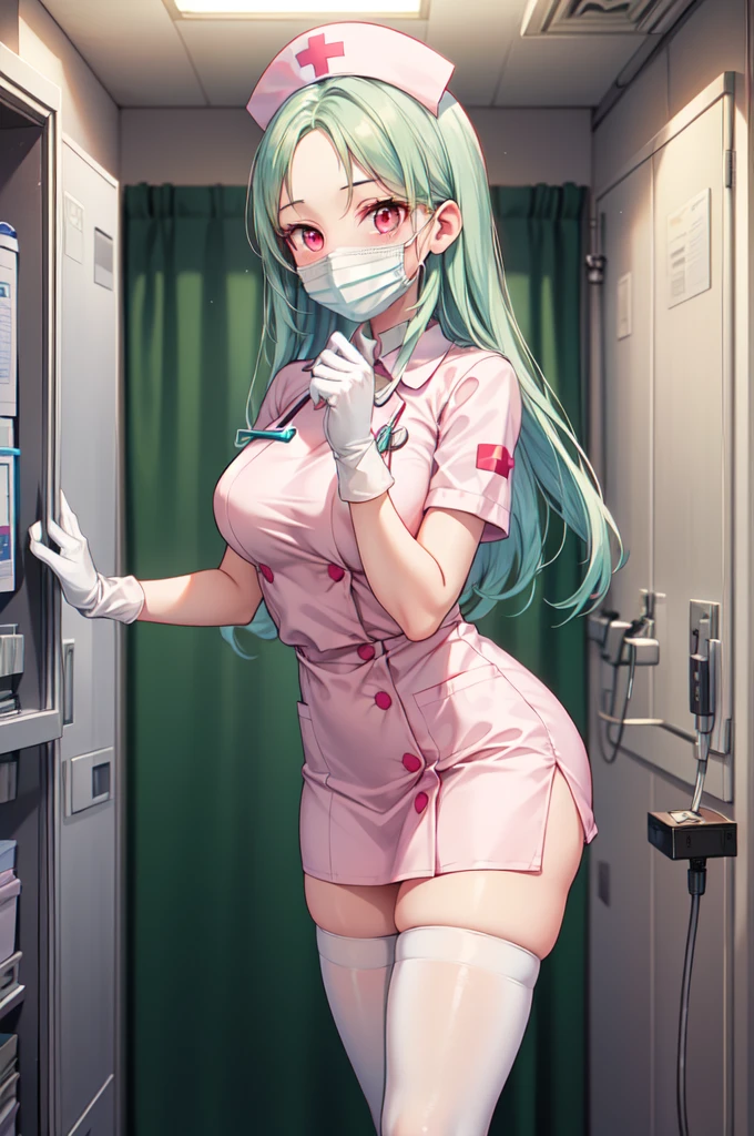 1woman, solo, nurse, white nurse cap, white nurse uniform, ((white legwear, zettai ryouiki)), white gloves, forehead, long hair, green hair, pink eyes, ((white surgical mask, covered nose)), standing, ((hospital room)), sharp outline, short sleeves, mature female, 35 years old, best quality, masterpiece