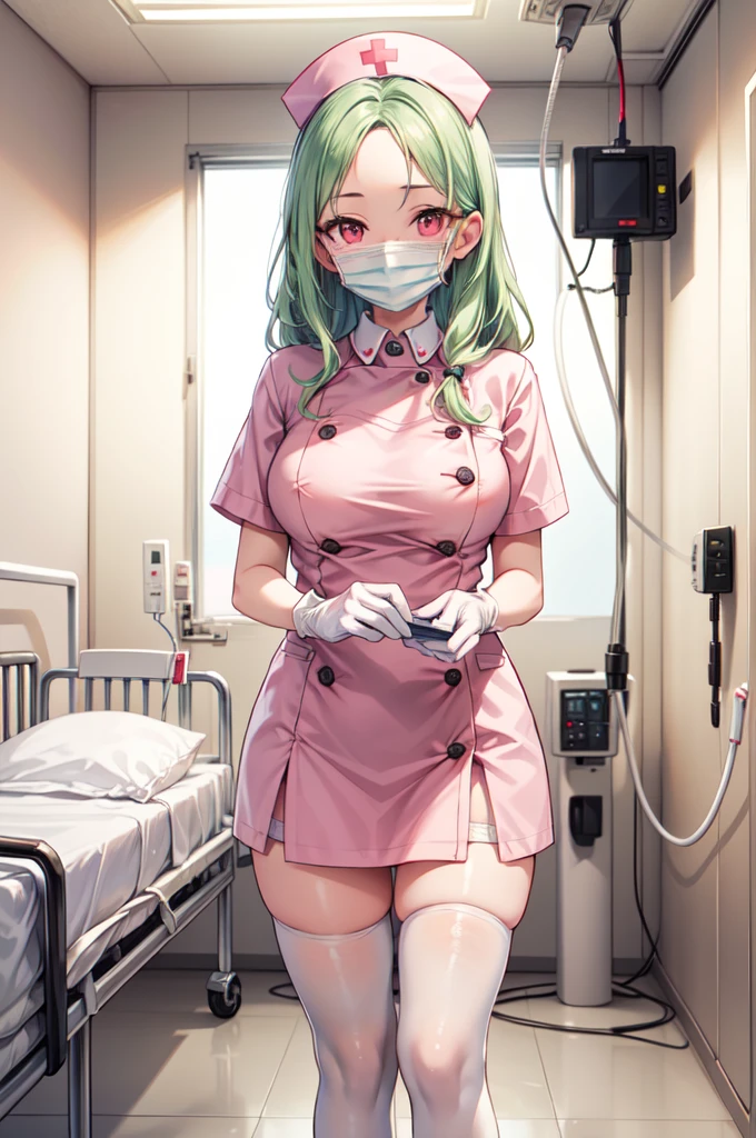 1woman, solo, nurse, white nurse cap, white nurse uniform, ((white legwear, zettai ryouiki)), white gloves, forehead, long hair, green hair, pink eyes, ((white surgical mask, covered nose)), standing, ((hospital room)), sharp outline, short sleeves, mature female, 35 years old, best quality, masterpiece