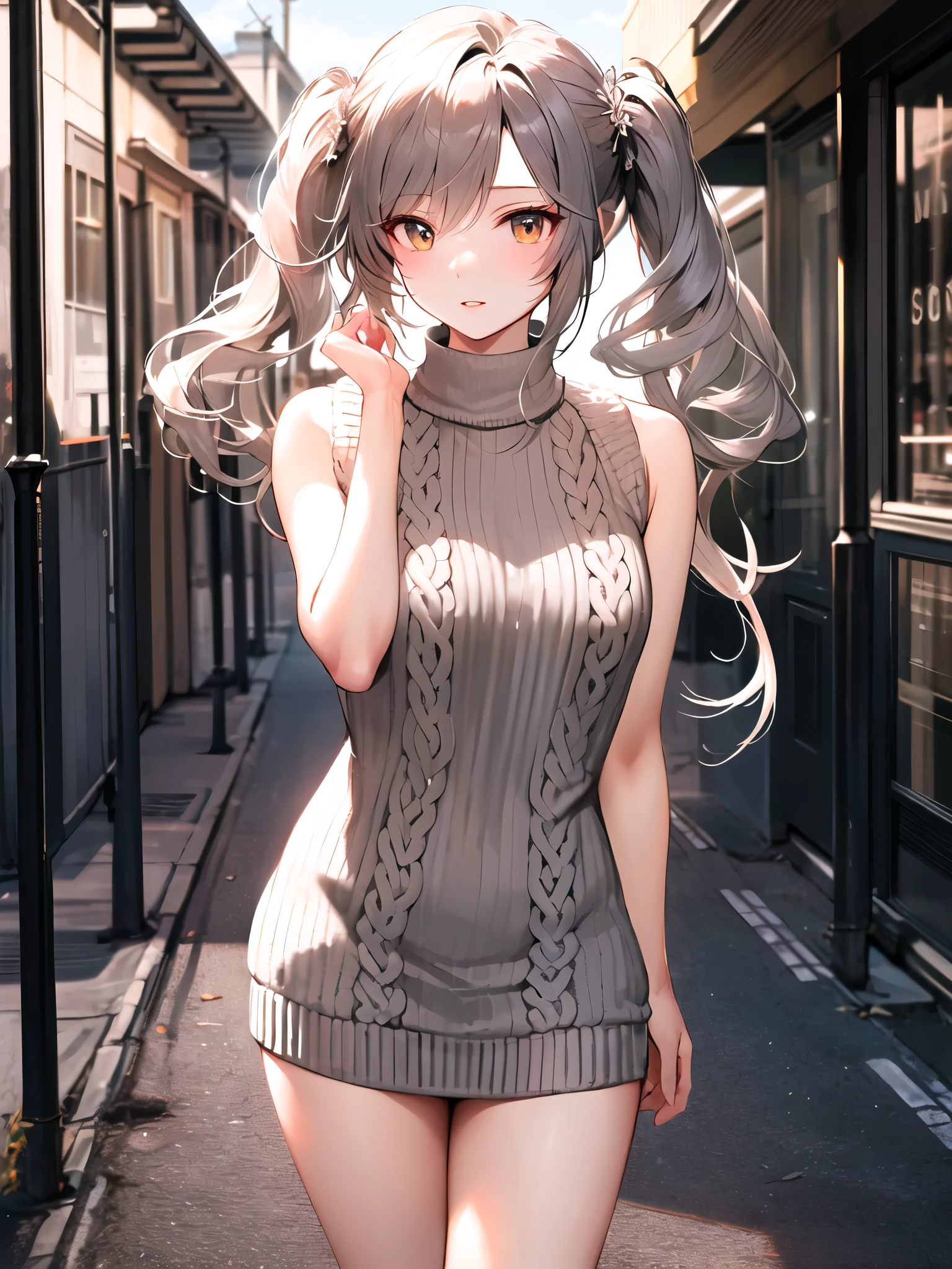 masterpiece, best quality, highres, aamurasa, long hair, twintails, sweater dress, virgin killer sweater, sleeveless, street, standing, cowboy shot