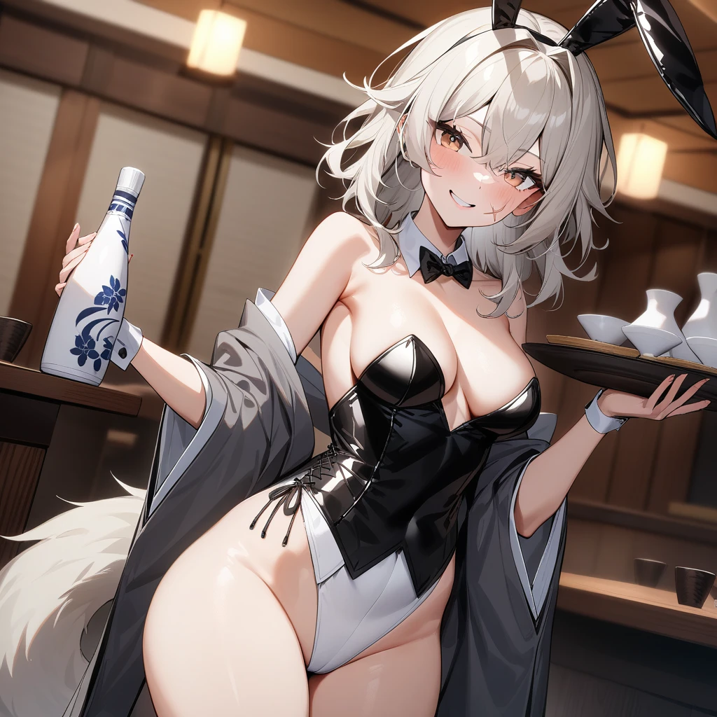 (masterpiece,best quality,very aesthetic),(disheveled hair)(ultra-detailed),1girl,solo,curvy,a fox tail,medium breasts,(platinum blonde fox ears),short hair,platinum blonde hair,beautiful face,(messy hair),(disheveled hair),hair intakes,(fusion of gray kimono and white highleg playboy bunny,bow tie,Layered clothing with white on both sides and black on the inside:1.2),loose chest,bare legs,luxurious decoration,(cameltoe:0.7),(smirk:0.7),smile,exciting,cheerful,brown foxy eyes,(scar on cheek:1.3),serving cocktail,standing,serving japanese sake bottle,japanese banquet hall,table,zabuton,cowboy shot