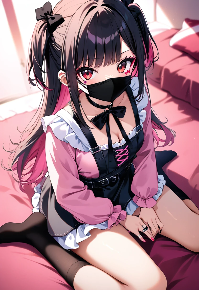 score_9, score_8_up, score_7_up, source_anime, 8k, masterpiece, best quality, ultra-detailed, an extremely delicate and beautiful, official style, depth of field, highly detailed, very aesthetic, intricate, overall detail, perfect anatomy, looking at viewer, from above, ((faint light:1.2)), sit, wariza, on bed, (hotel room, love hotel, pink wall, pink bed sheet), condom wrapper, pink smartphone, BREAK 1girl, solo, (black hair, pink hair, two-tone hair, multicolored hair), long hair, two side up, black hair bow, red eyes, red eyeshadow under eye, pink cheek, jirai kei, yami_kawaii, (cross-laced clothes, pink shirt, long sleeves, frilled sleeves), frill, black bowtie, black skirt, black suspenders, black socks, heart brooch, heart earrings, ring, (multicolored nails, nail polish, pink nails, black nails), (mouth mask, black mouth mask), black belt, o-ring thigh strap, black choker, smirk