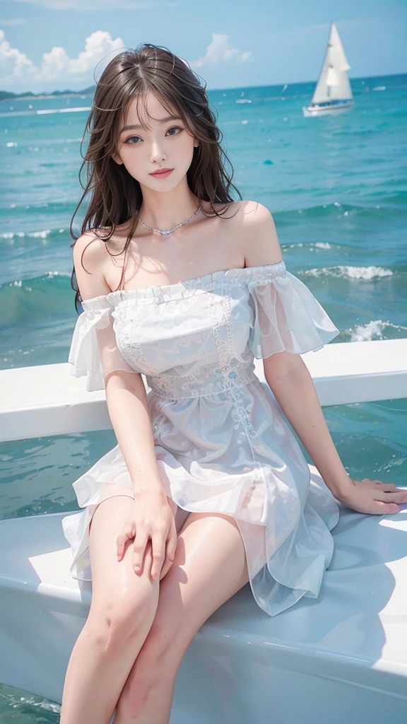 (whole body),(best quality,Extremely detailed,Reality),Beautiful and delicate eyes,Beautiful and delicate lips,Young female model,sweet girls dress,Off-shoulder dress,Jewelry,saturation,Soaked,Offshore,blues sky and clouds,Surfing by sailboat, leaning against the railing,Charming smile,Long legs,fit,Stunning face,masterpiece