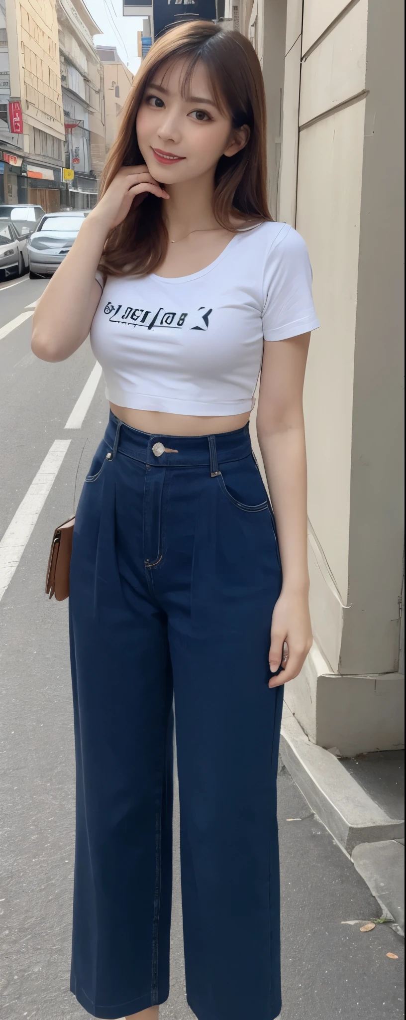 masuterpiece, Best Quality, Illustration, Ultra-detailed, finely detail, hight resolution, 8K Wallpaper, Perfect dynamic composition, from front, Beautiful detailed eyes, Medium Hair, wearing oversize sarouel pants:1.2, lool uped pants, T-shirt, sandals, Natural Color Lip, Random and sex- poses,Smile, Aoyama Street Walk, 28 years girl